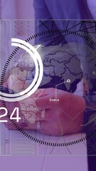 Poster - Holding smartphone, businessperson with data processing animation over world map