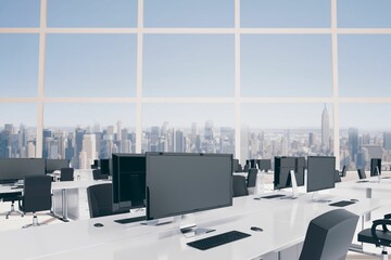 Poster - Showing flat design flat-screen monitor on white desk with keyboard and mouse facing city skyline
