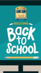 Poster - Animation of back to school text banner on computer screen with books and school bag icon