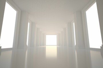 Poster - Minimalist corridor is showing shiny floor, square columns and bright portals in flat design