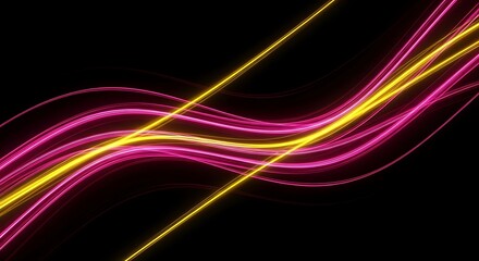 Poster - Glowing neon lines create a dynamic flow on a black background, perfect for abstract designs and vibrant textures.