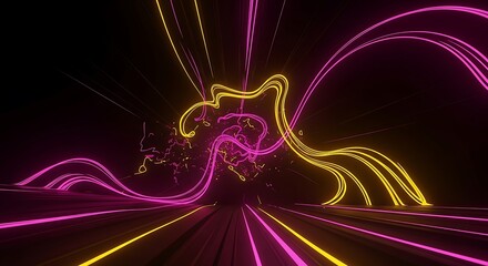 Leinwandbilder - Dynamic neon lights create an abstract futuristic tunnel, with bright yellow and pink patterns against a black background.