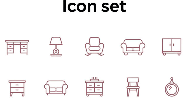 Illustration of a furniture icon set featuring a desk lamp sofa chair and other home furnishings