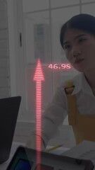 Poster - Business professionals discussing data with rising red arrow animation overlay