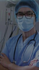 Poster - Healthcare professional in scrubs with heart rate monitor animation overlay