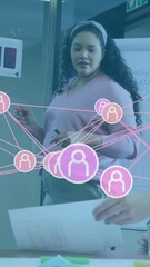 Poster - Diverse team collaborating in office with network connections animation overlay