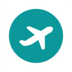 Aufkleber - Minimalist teal circular icon with a white airplane silhouette in side view, clean design representing air travel or aviation services, simple and straightforward.