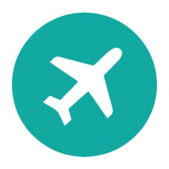 Aufkleber - Minimalistic teal circle with a clean, white airplane icon featuring fuselage, wings, and tail, showcasing a simple, stylized design with stark contrast and modern aesthetic.
