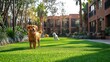 © Urme - Happy golden retriever dog standing on green grass in a sunny residential area photo