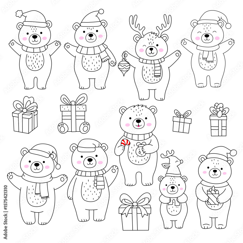 Christmas Bear Clipart Bundle – Cute Black and White Hand-Drawn Bears with Gifts, Winter Holiday Digital Illustrations