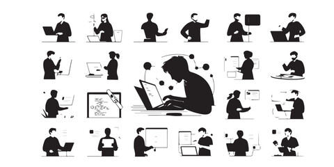 Poster - Collection of black and white silhouettes of people working on laptops and interacting with technology