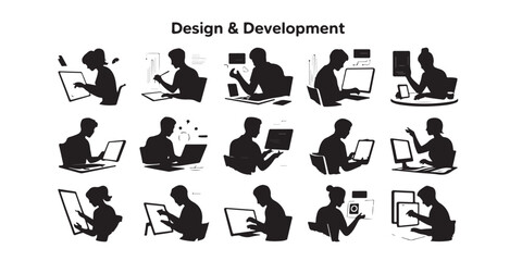Silhouettes of people using computers and tablets for design and development work on a white background