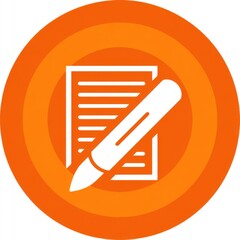 Aufkleber - White pen diagonally placed on lined paper sheet against circular orange gradient background with concentric circles, symbolizing writing, editing, and creativity in a clean, flat-style design.