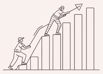 Poster - Two people climbing a bar chart representing growth and success isolated on white background