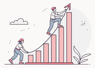 Poster - Two people climbing a bar graph with an upward trending arrow isolated on white background