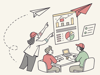 Poster - Team collaborating on a business presentation with charts and paper airplanes isolated on white background