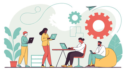 Poster - Diverse team collaborating on laptops with gears and plant elements isolated on white background
