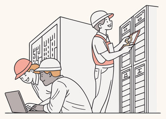 Poster - Construction workers collaborating on a project using a laptop and tablet isolated on white background