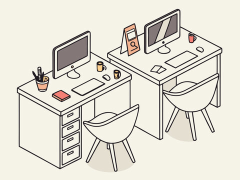 Two modern office desks with computers and chairs isolated on white background