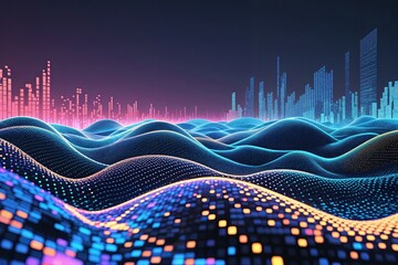 Poster - Contemporary Digital Landscape with Interactive Data Waves and Textured Pixel Pattern