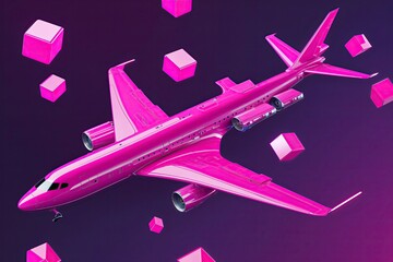 Poster - Vibrant Fuchsia Plane with Floating Cubes - High-Tech Innovation and Geometric Design Illustration