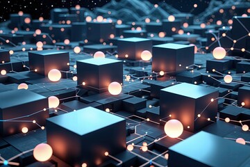 Poster - Futuristic Digital Terrain with Interconnected Cubes and Spheres in a Quantum Network