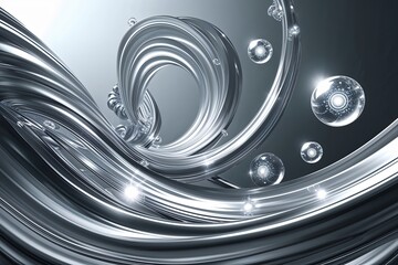 Poster - Sleek Silver Background with Luminous Swirling Energy Orbs and Dynamic Technology Flow