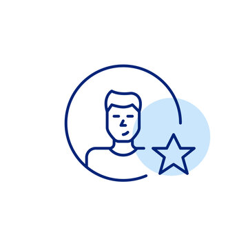Man avatar in circle and star. Favorite user, VIP person, customer rewards and ratings. Pixel perfect, editable stroke vector icon