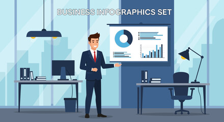 Poster - Professional Businessman Presenting Data Charts in Modern Office Setting