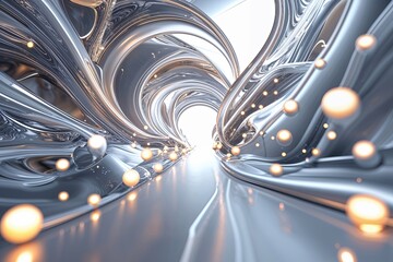 Poster - Sleek Silver Background Featuring Glowing Energy Orbs and Dynamic Tech Flow