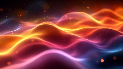Poster - Vibrant abstract wave pattern with glowing orange, pink, and purple light, dynamic energetic atmosphere, smooth flowing texture, dreamy digital art background, perfect for creative design projects