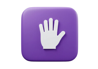 Poster - White Hand on Purple Square Icon Representing Stop Gesture on Transparent Background
