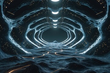 Poster - Futuristic Alien Background with Interconnected Particles and Oscillation on Dark Terrain