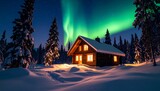 Cozy log cabin in snowy forest, aurora borealis