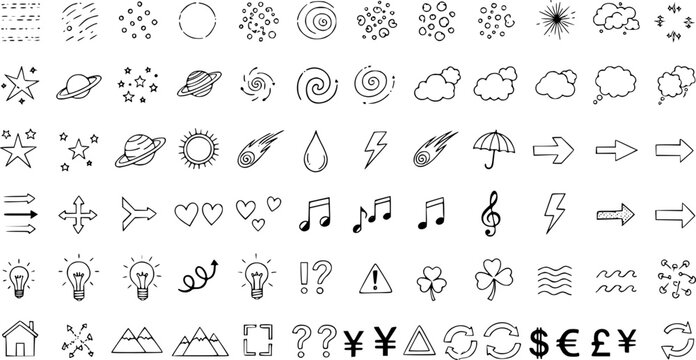 Сollection of various black doodle elements, manga-style illustration pictogram icon set. EPS 10 version.