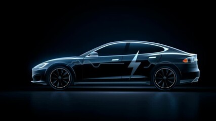 Poster - City charging network. Electric car side view glowing blue light lightning bolt energy wave sleek black modern sedan design futuristic style dark background illumination