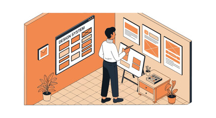 Poster - Creative Designer Conceptualizing Website Layouts in a Stylish Isometric Office Space