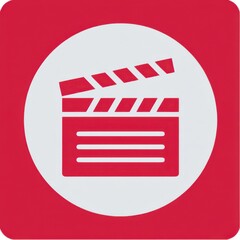 Aufkleber - Minimalistic red clapperboard icon with white stripes centered in a white circle on a solid red square background, symbolizing film production.