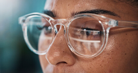 Poster - Person, programmer and eyes with glasses for coding, software development or research in office. Closeup, employee or vision with lens, spectacles or sight for programming app, information or API