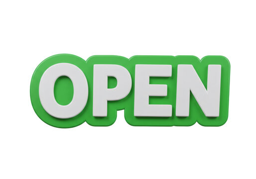 Open Sign in Green and White Color with Simple 3D Rendering on Transparent Background