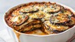 © Anastasiya Ri - Traditional eggplant parmesan casserole with layers of baked eggplant, tomato sauce and melted cheese in ceramic dish perfect for comfort food visuals, Italian cuisine and recipe content