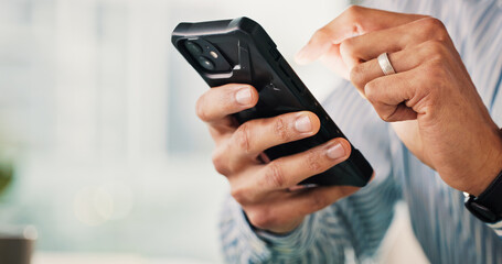 Poster - Business person, hands and research with phone in office for social media, software or update. Closeup, employee or user with mobile smartphone for online browsing, network service or connectivity