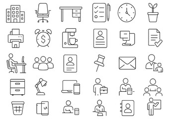 Poster - 30 vector icons set of office workspace related icons including desk, chair, computer, and office supplies line art