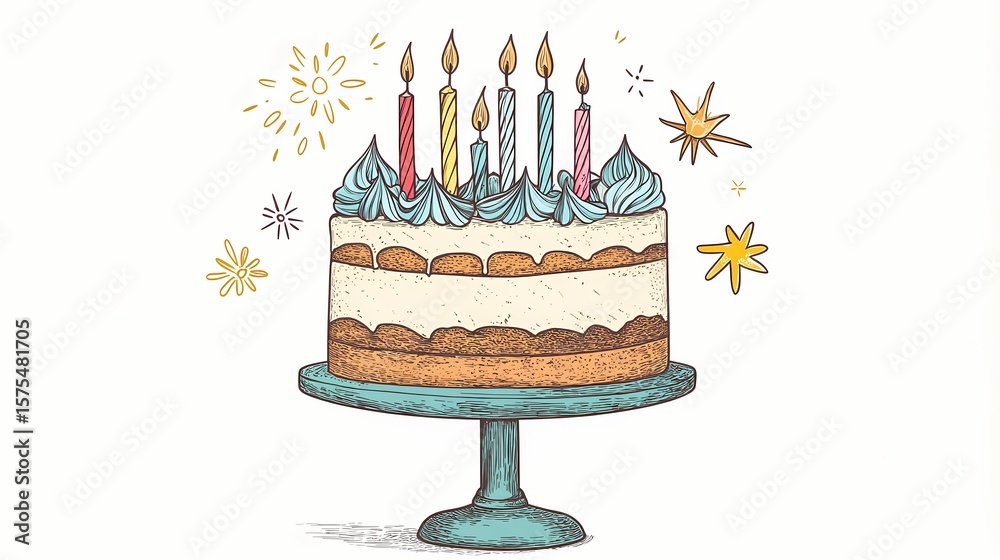 Hand drawn illustration of a birthday cake with candles on a stand ...