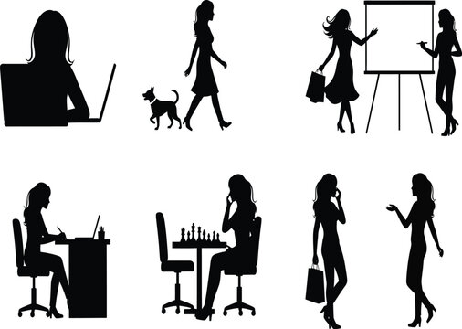 Silhouette illustrations of women in various activities including work and leisure