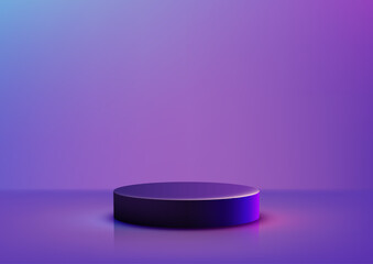 Poster - product display mockup with black cylindrical podium glowing pink blue light on vibrant gradient background for modern branding, abstract showcase, technology and advertising concept