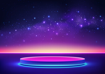 Poster - futuristic technology abstract background with neon pink and blue glowing podium under starry night sky vibrant cosmic landscape sci fi product display template for mockup and showroom scene