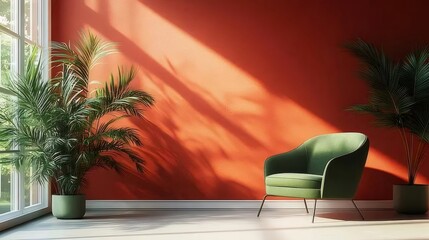 Fototapete - 明るい赤い壁と大きな窓のある緑の肘掛け椅子と植物のある快適な室内空間