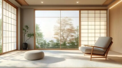Fototapete - 日本の自然光が差し込む快適なリビングルーム ベージュのアームチェアと柔らかなカーペットと木製のアクセント