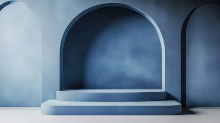 Fototapete - 青いアーチ型の通路と階段があるミニマルな背景デザイン 青色の幾何学的な構造を持つ屋内ステージ